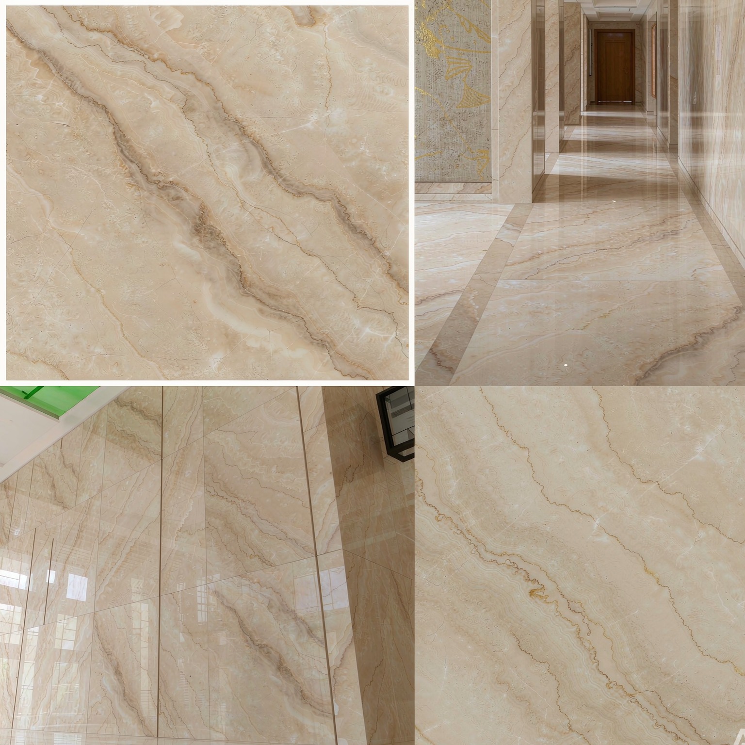 世紀米黃 — slab texture and application views