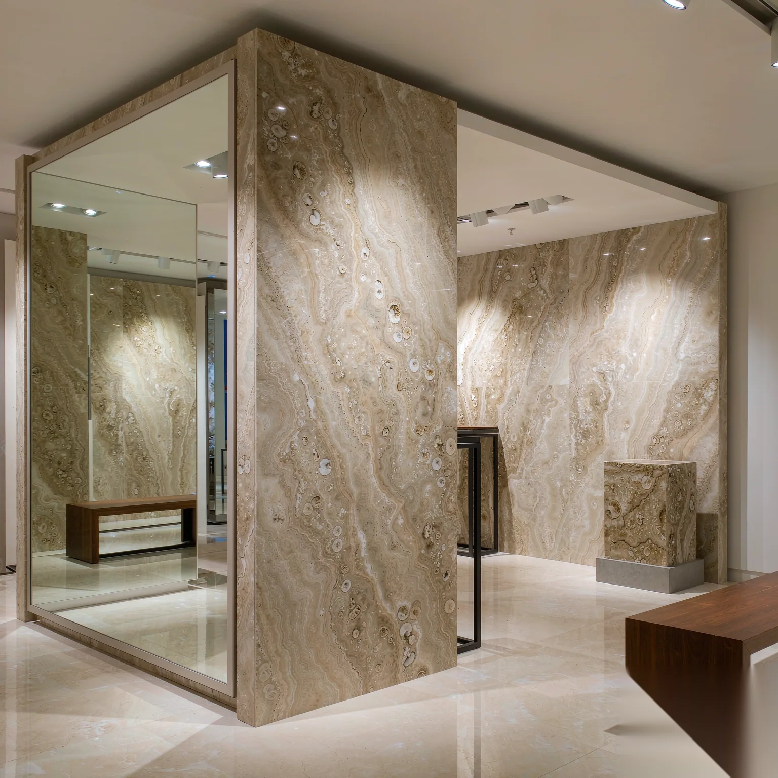 Omani Beige — slab texture and application views