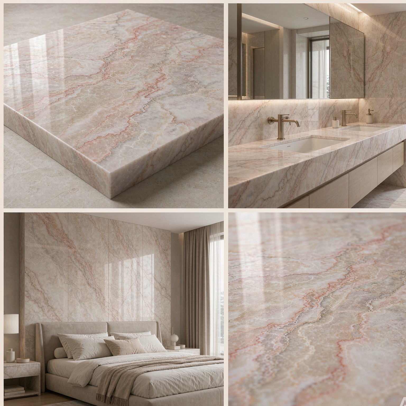 玫瑰米黃 — slab texture and application views