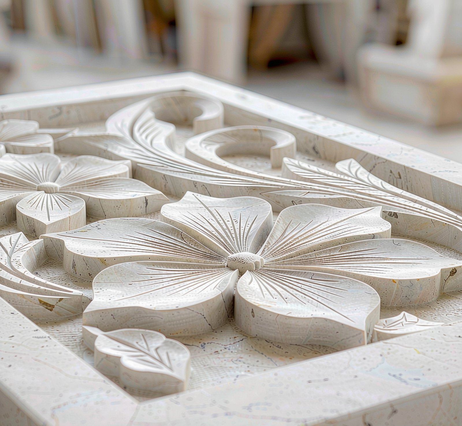 a 3D CNC carved marble relief panel with floral motif 3D CNC浮雕板 高清石材鑒賞 - 香港恆生石材