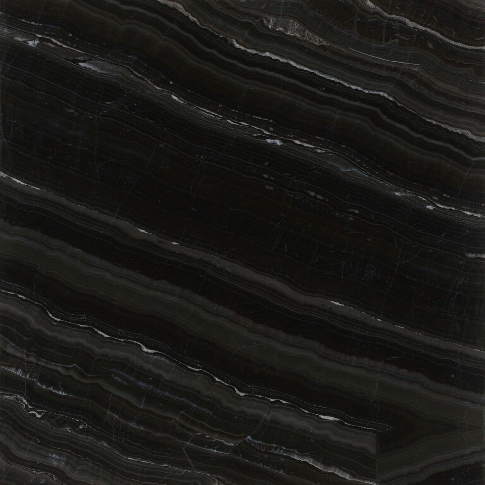 黑瑪瑙 Black Onyx Marble 石材樣板圖，黑色系，產地中國，產地中國，體積密度2.74 g/cm³，吸水率≤0.45%，莫氏硬度3，適用於地面、牆身、檯面、特色牆、大堂