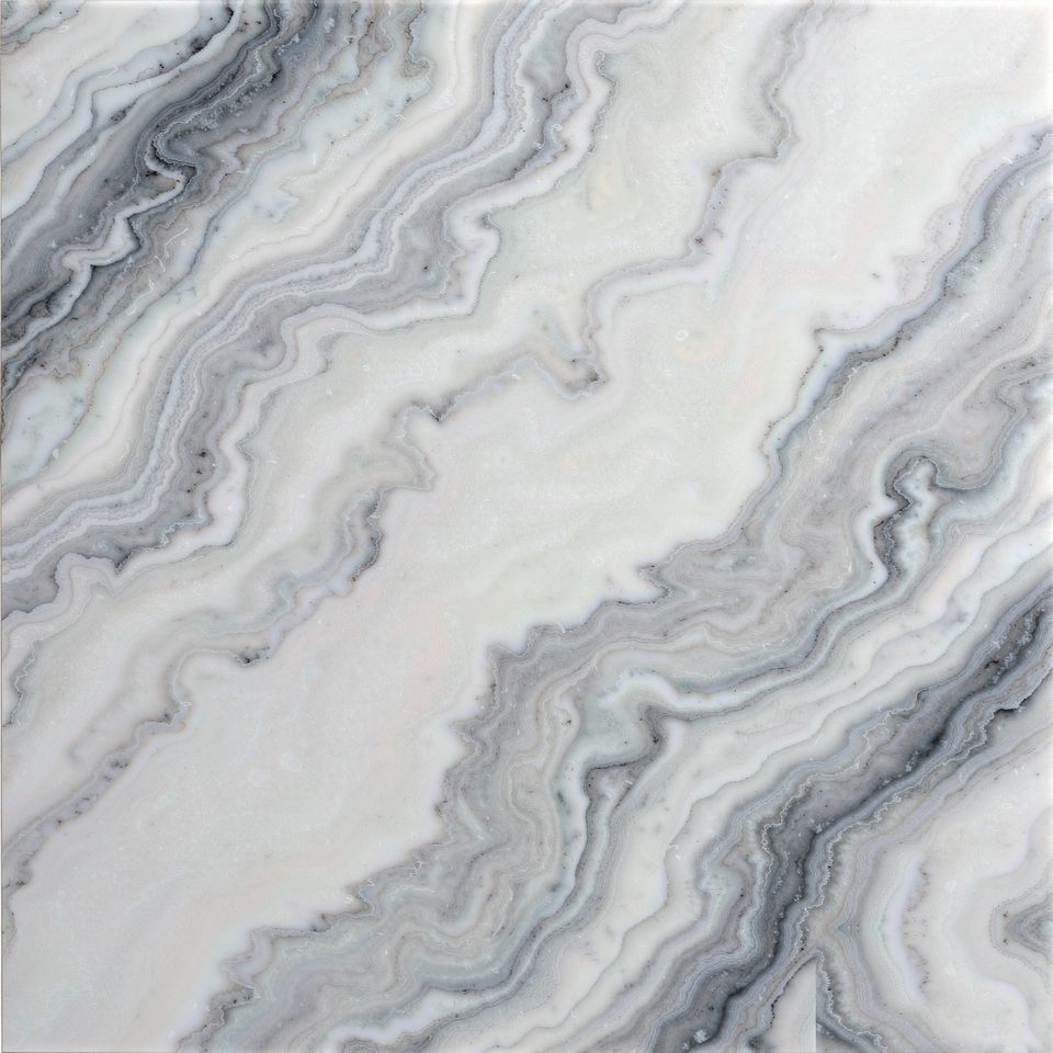 冰川流白 Glacier Flow White Marble 石材樣板圖,白色系,產地中國,產地中國,體積密度2.75 g/cm³,吸水率≤0.16%,莫氏硬度3,適用於牆身、檯面、洗手間、地面、客廳