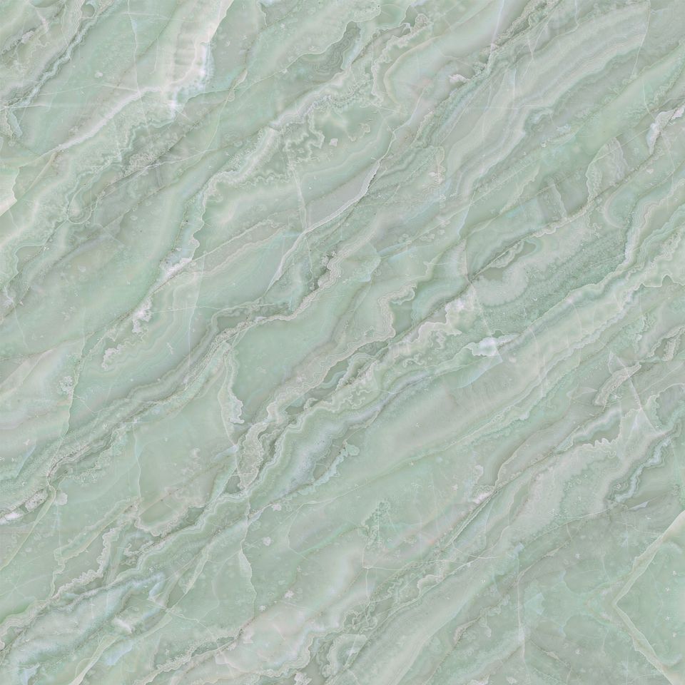 薄荷綠 Mint Green Marble 石材樣板圖,淺綠系,產地土耳其,產地土耳其,體積密度2.78 g/cm³,吸水率≤0.49%,莫氏硬度3,適用於牆身、檯面、洗手間、客廳、特色牆