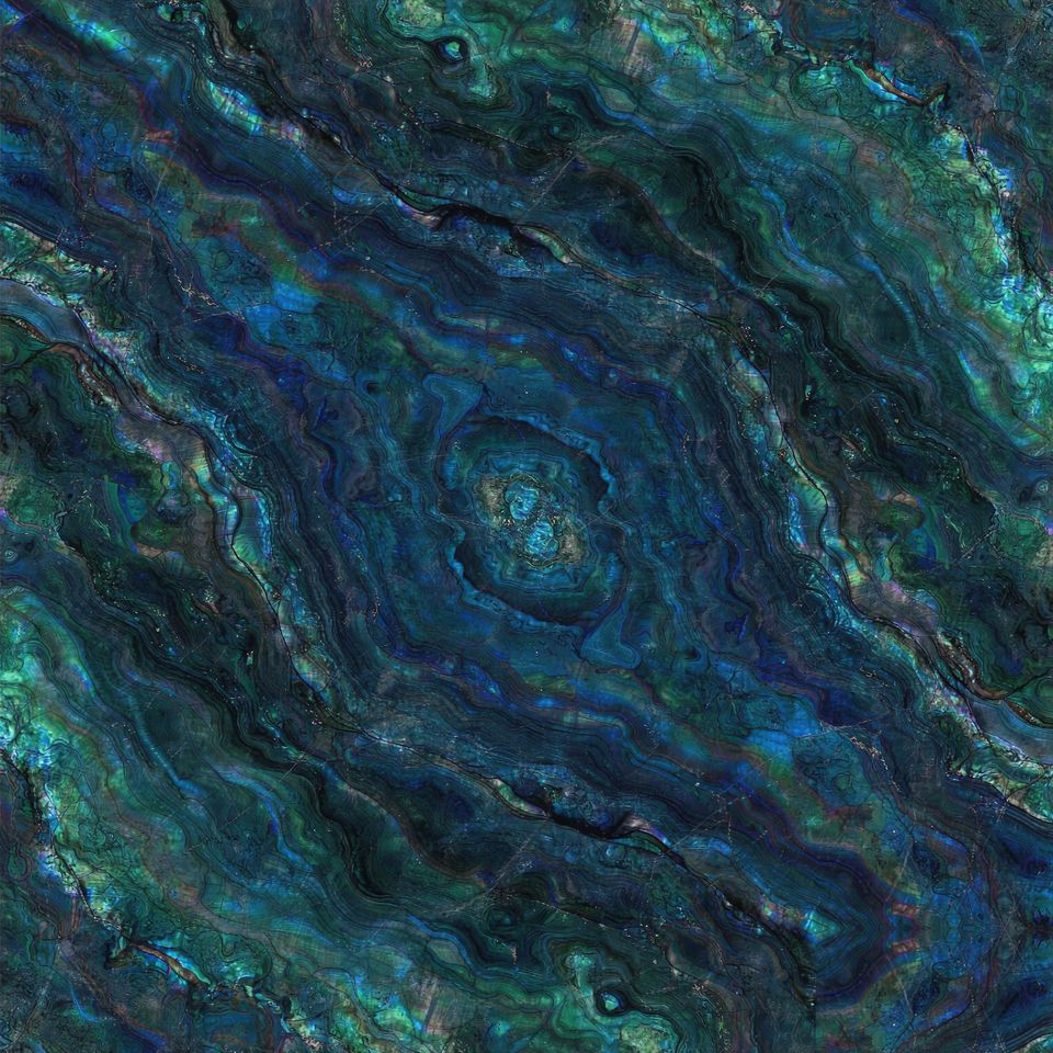 孔雀藍 Peacock Blue Marble 石材樣板圖,藍色系,產地中國,產地中國,體積密度2.61 g/cm³,吸水率≤0.33%,莫氏硬度3,適用於牆身、檯面、特色牆、客廳