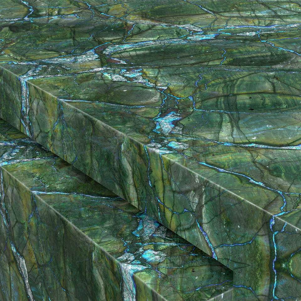 孔雀綠 Peacock Green Marble 石材樣板圖,綠色系,產地中國,產地中國,體積密度2.79 g/cm³,吸水率≤0.32%,莫氏硬度4,適用於牆身、檯面、特色牆、大堂