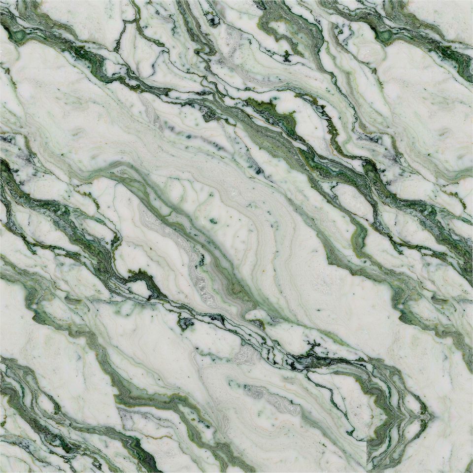 綠蛇紋 Verde Luana Marble 石材樣板圖，綠白系，產地意大利，產地意大利，體積密度2.72 g/cm³，吸水率≤0.35%，莫氏硬度4，適用於牆身、檯面、特色牆、大堂、客廳