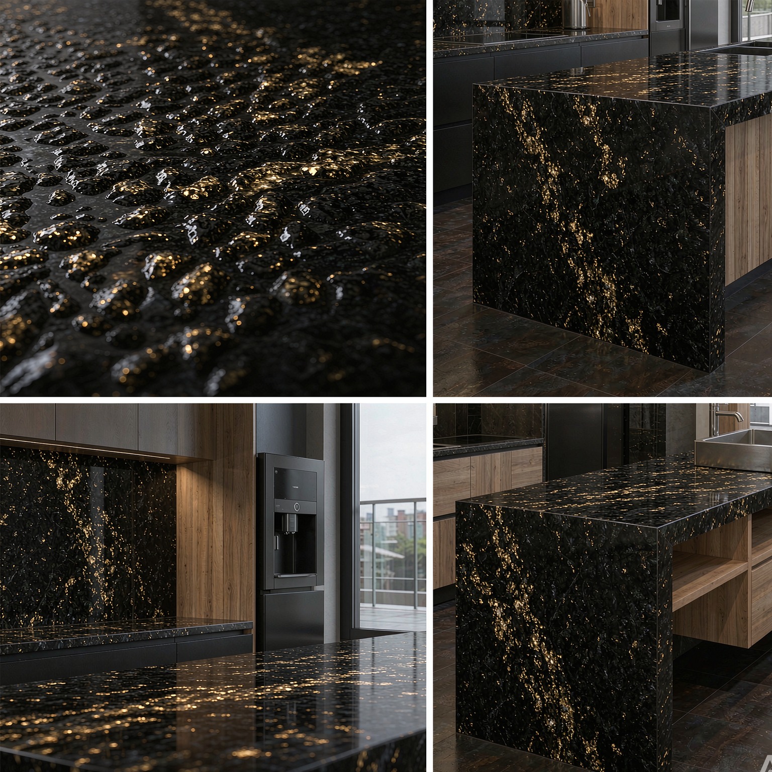 印度黑金沙 — slab texture and application views
