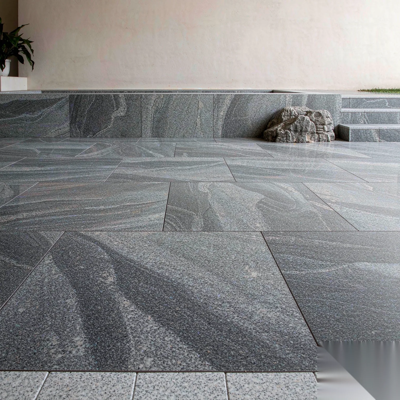 Sesame Grey — slab texture and application views
