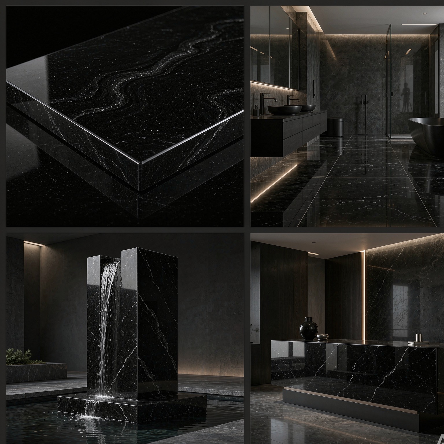 山西黑 — slab texture and application views