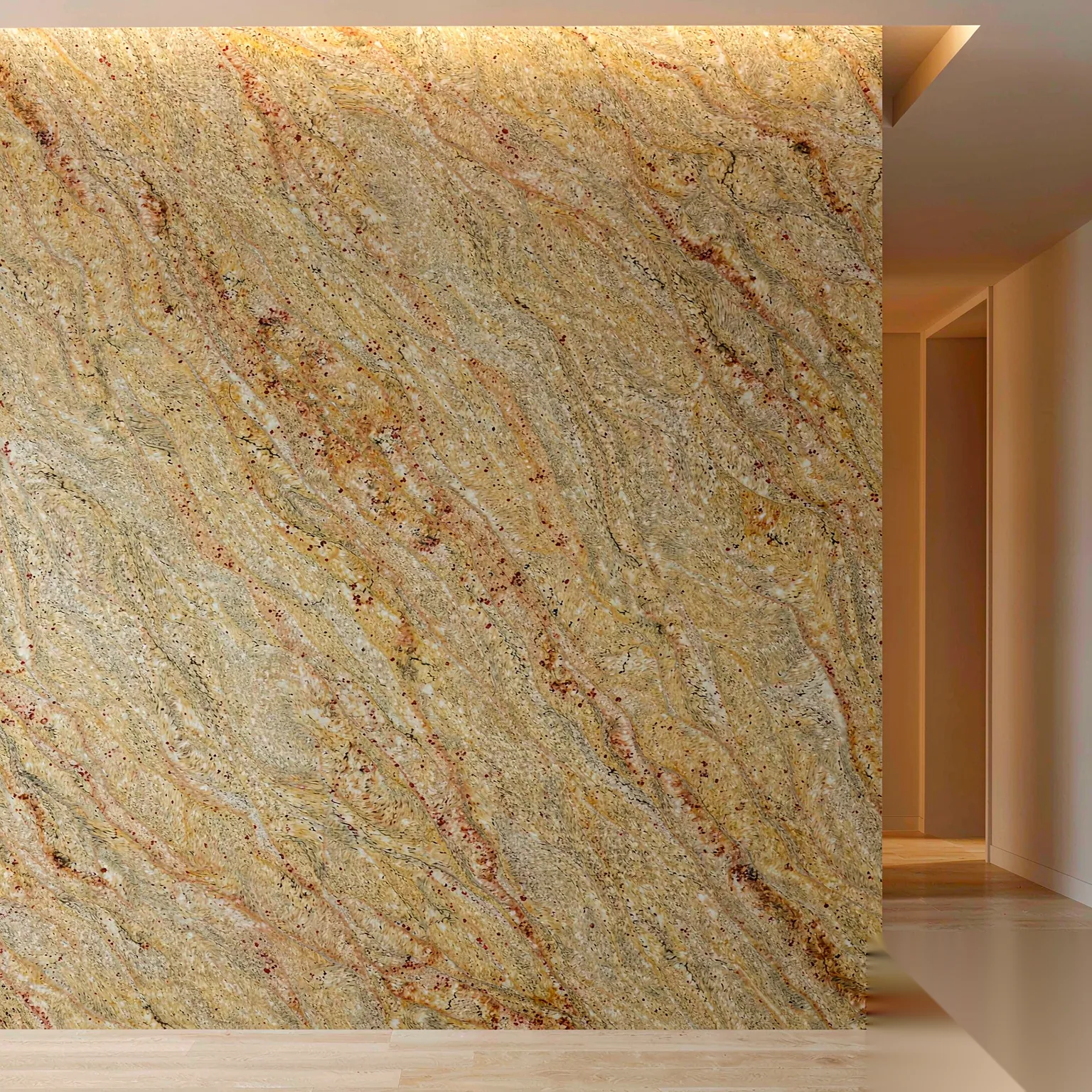 Yellow Rust Granite — slab texture and application views