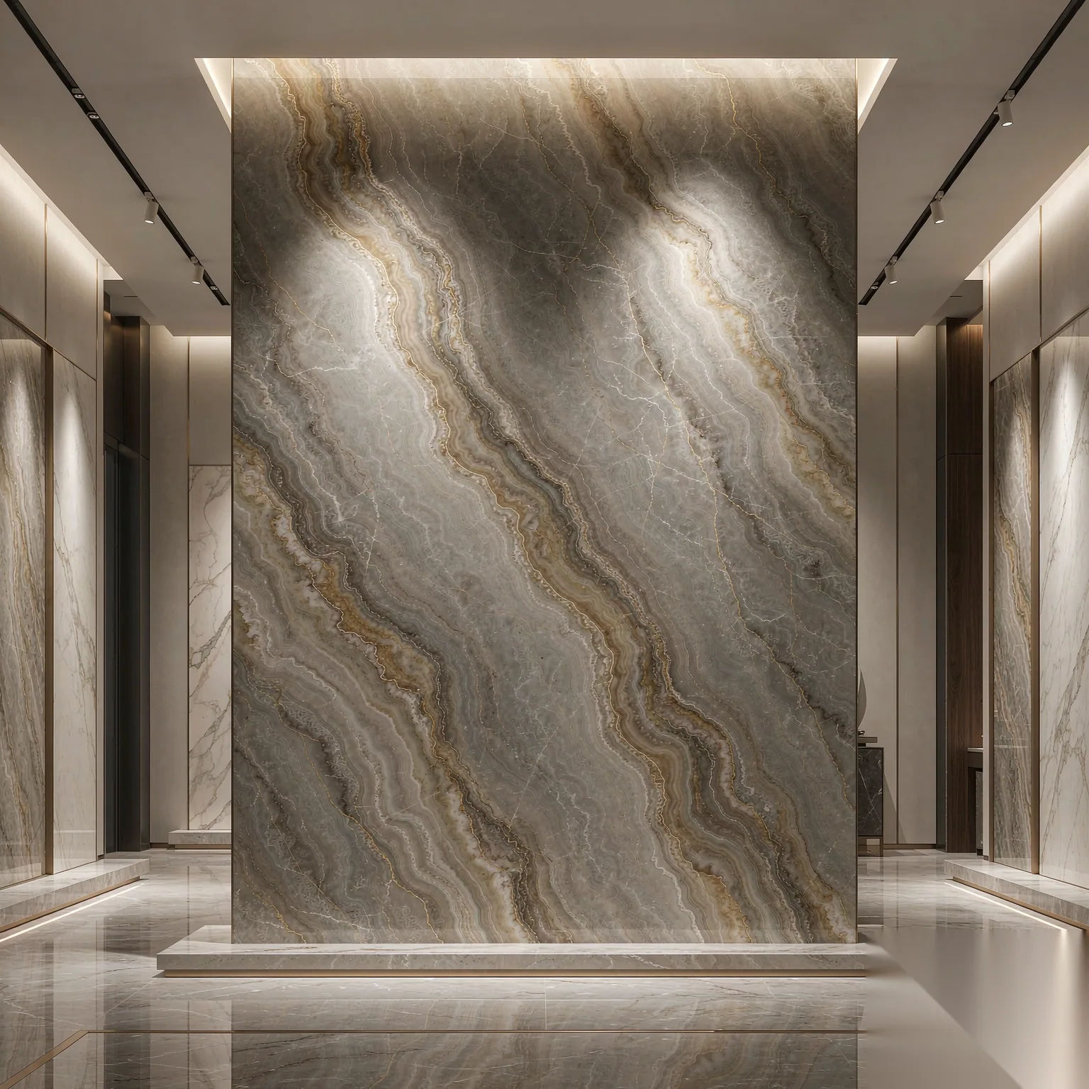 Hermes Grey — slab texture and application views