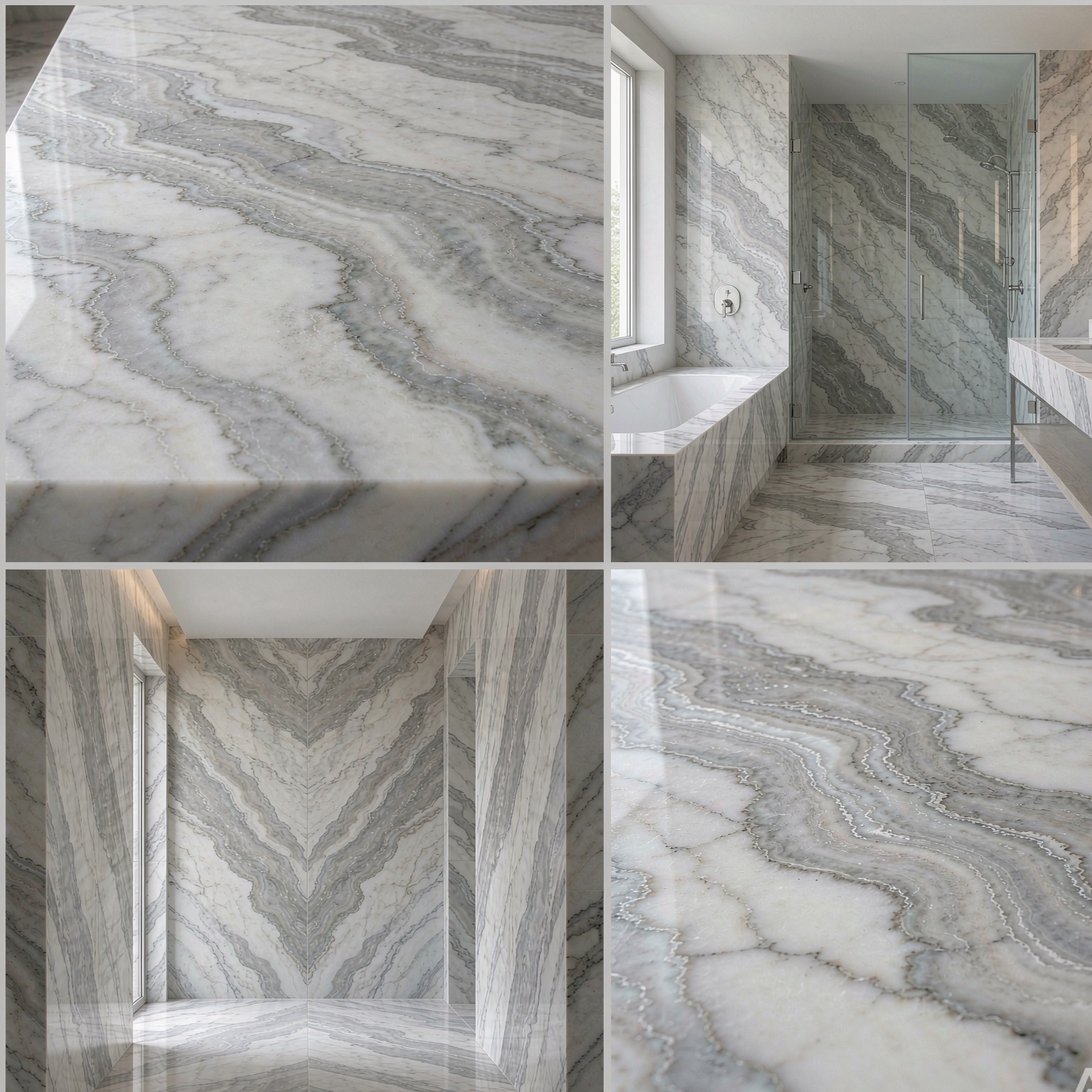 希臘雅士白 — slab texture and application views