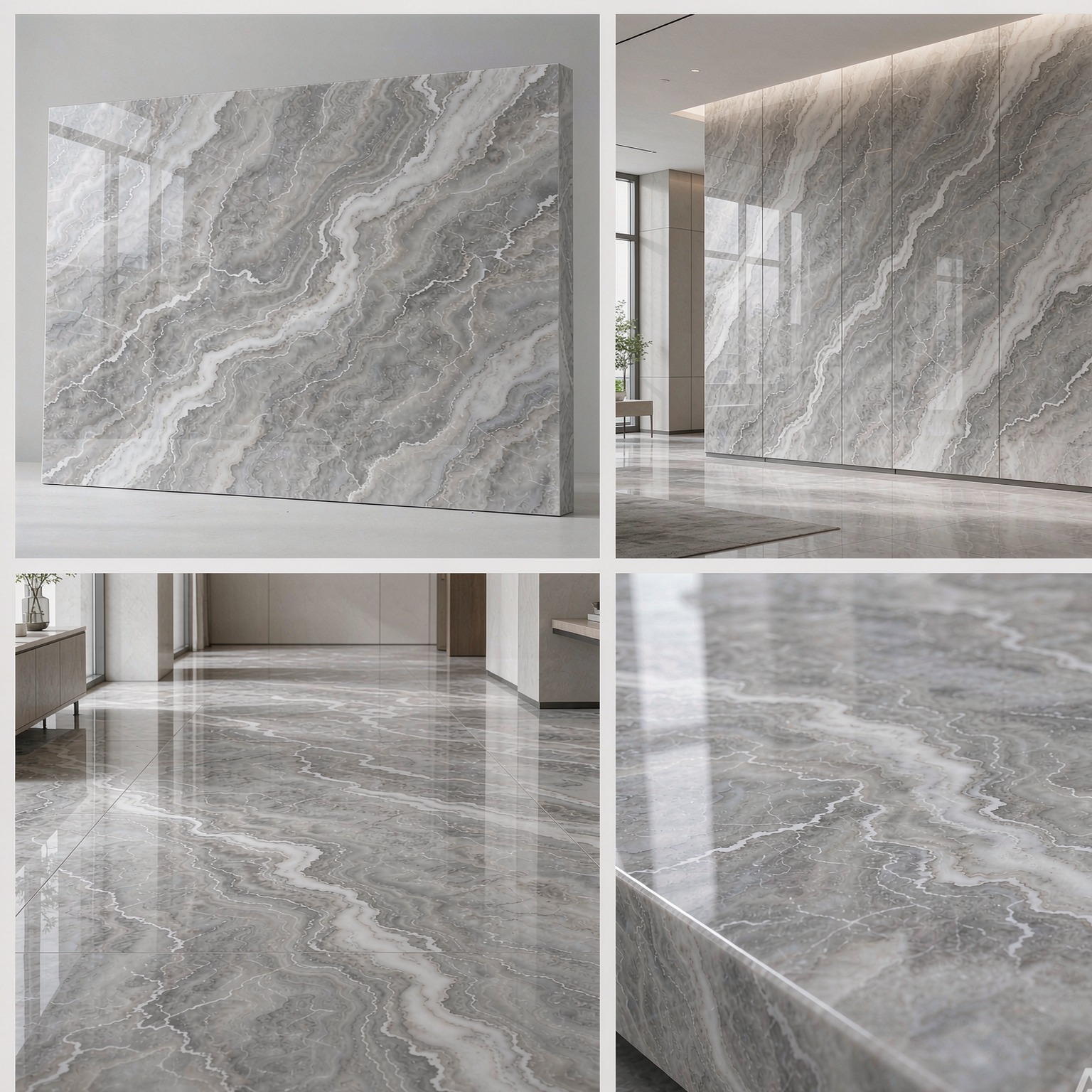 雲多拉灰 — slab texture and application views