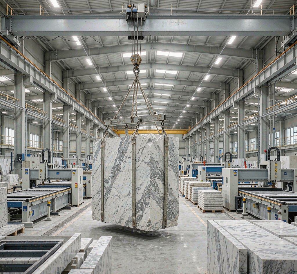 a crane lifting a giant marble block in a high bay 行車吊裝荒料 高清石材鑒賞 - 香港恆生石材