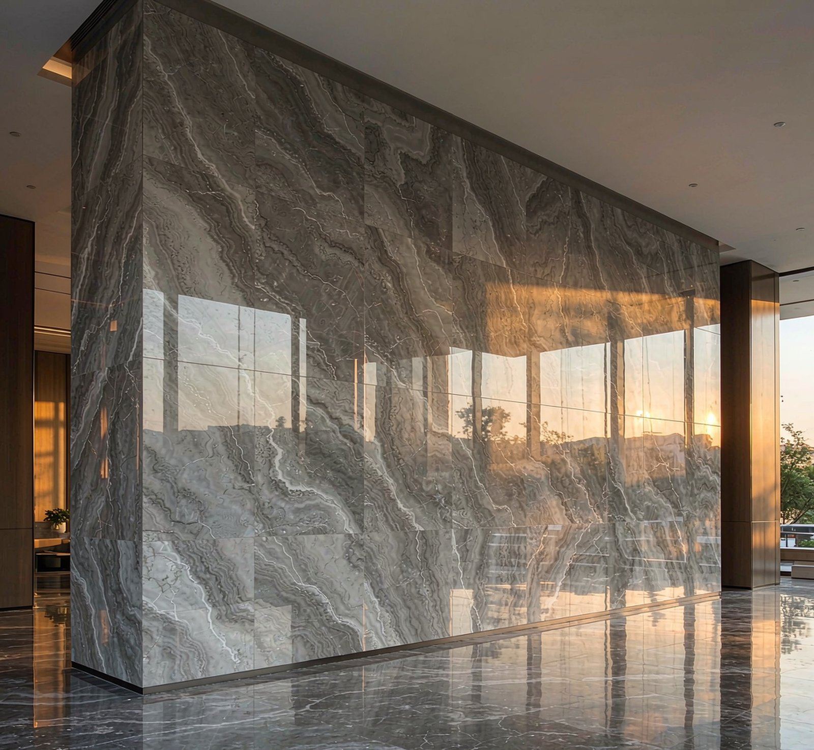 an office lobby feature wall of grey marble 辦公樓灰雲石背景牆 高清石材鑒賞 - 香港恆生石材