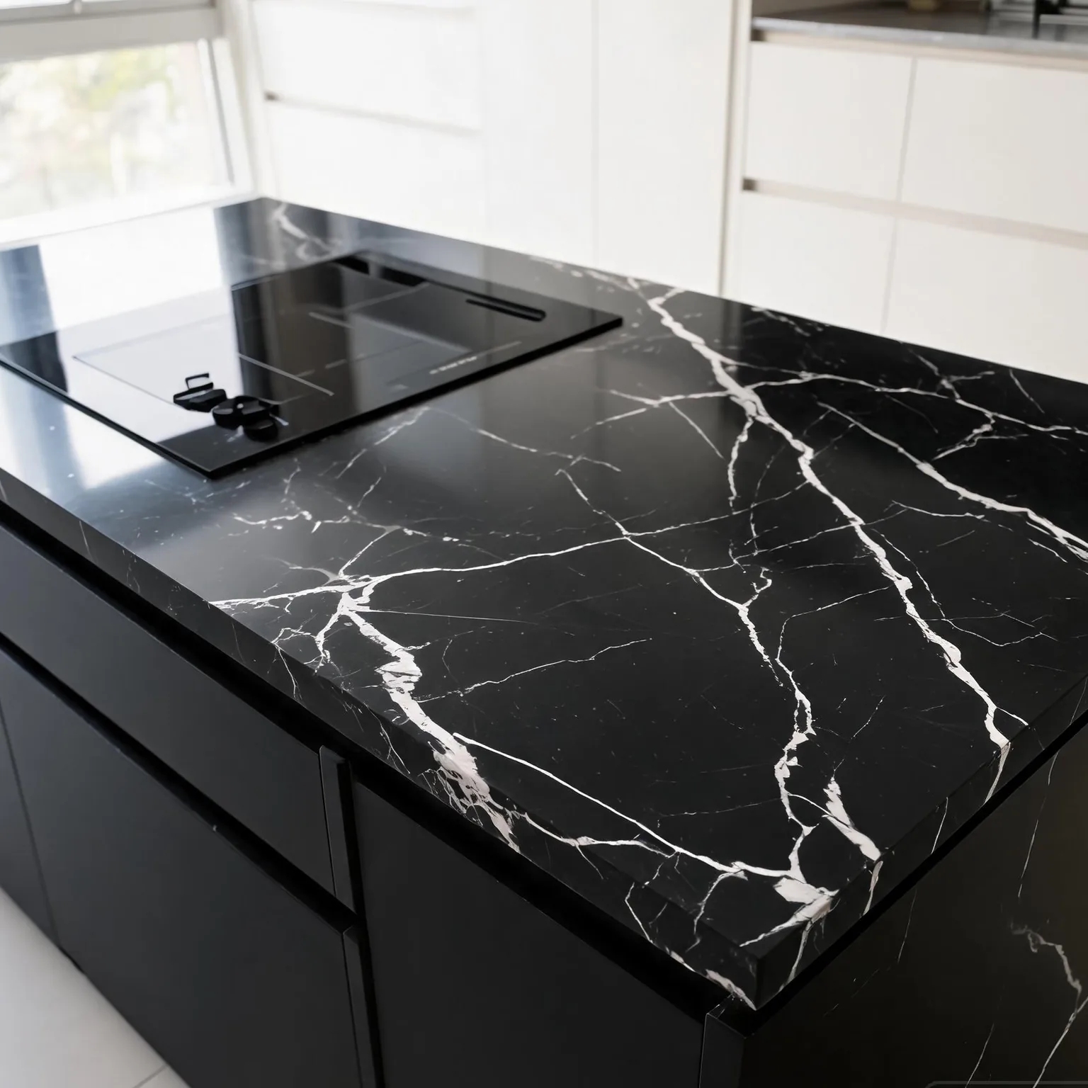 Full-Body Black Marquina Sintered Slab — Black kitchen island