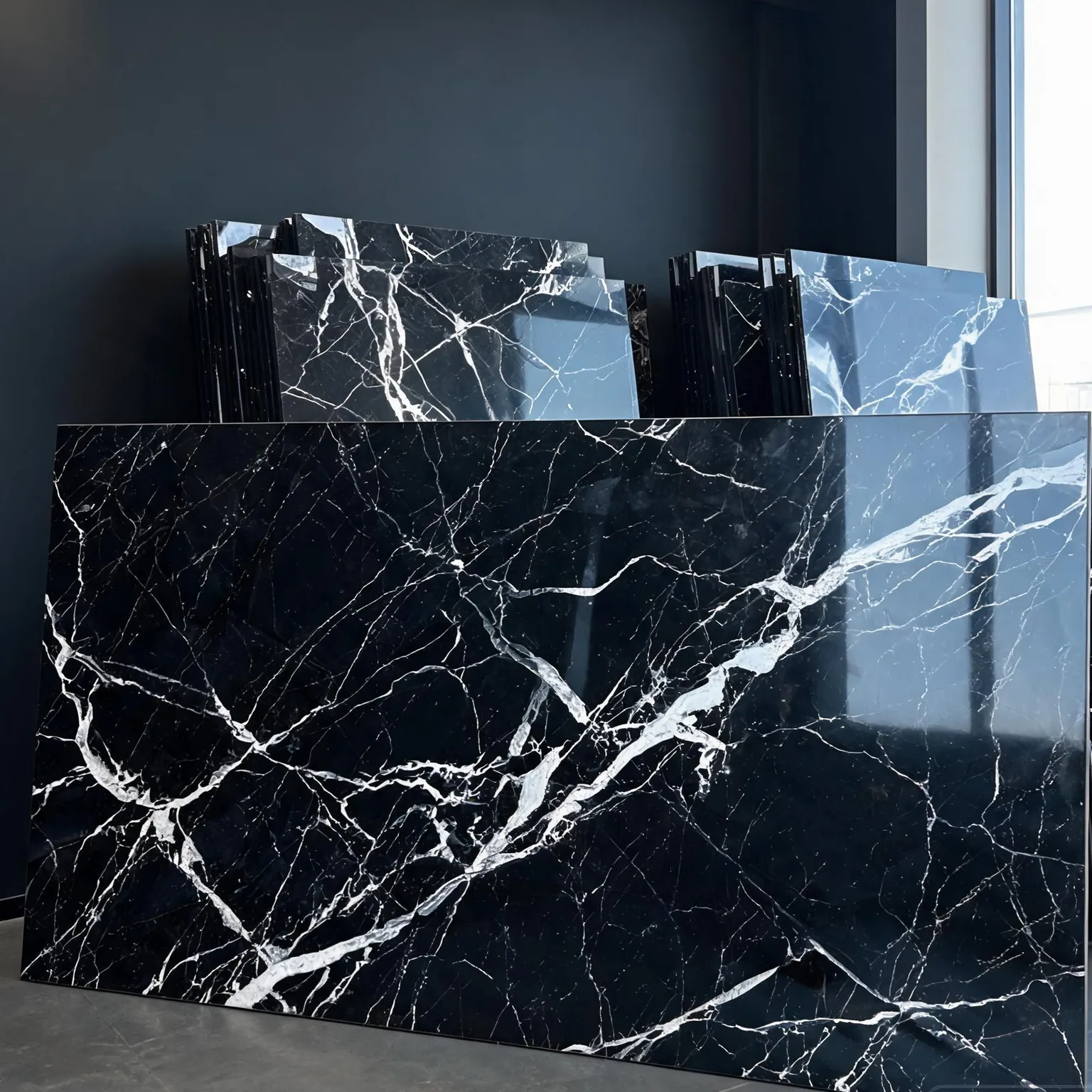Full-Body Black Marquina Sintered Slab — Showroom slabs