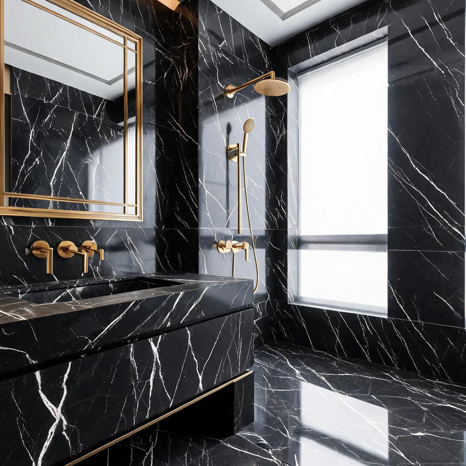 Full-Body Black Marquina Sintered Slab — Luxury bathroom