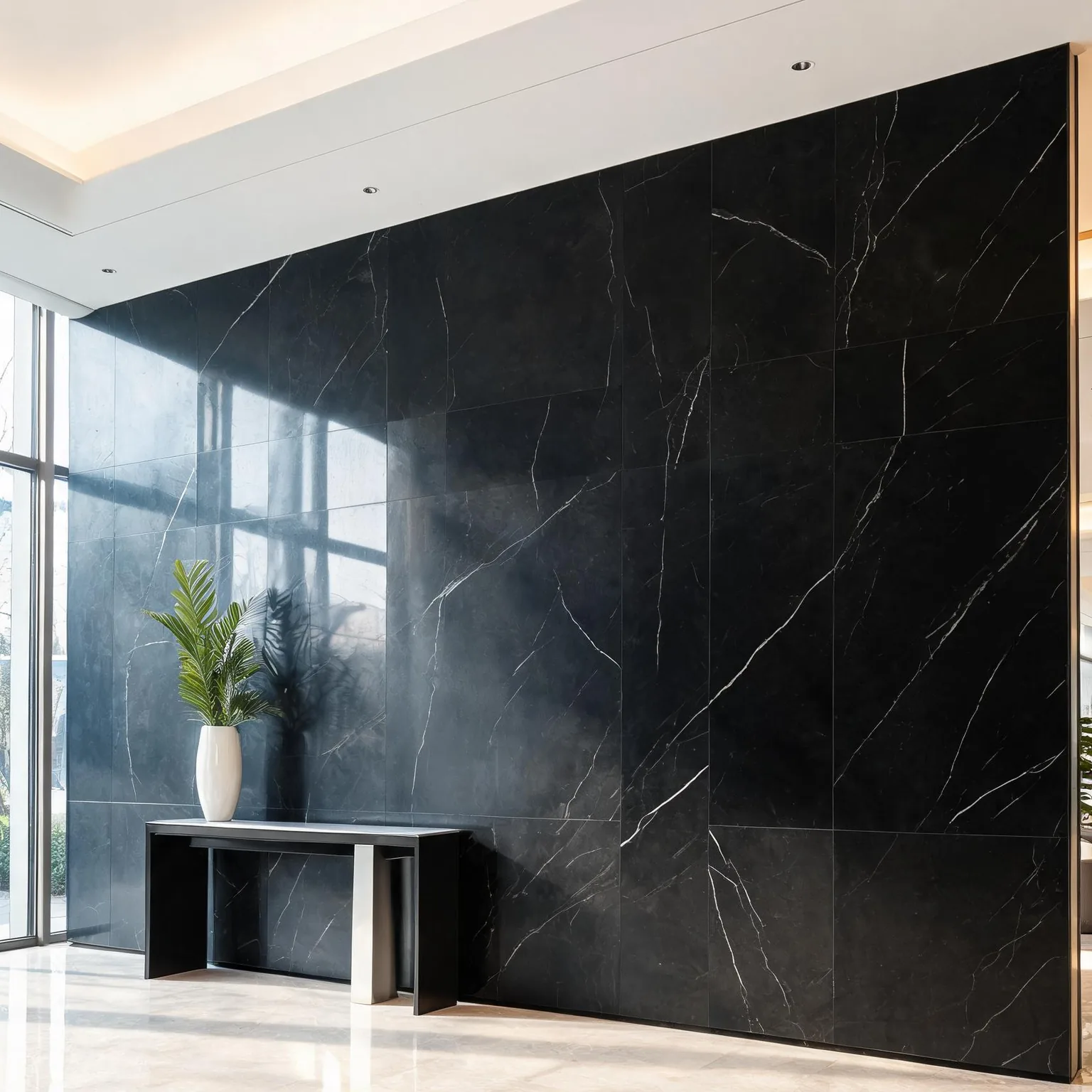 Full-Body Black Marquina Sintered Slab — Clubhouse wall