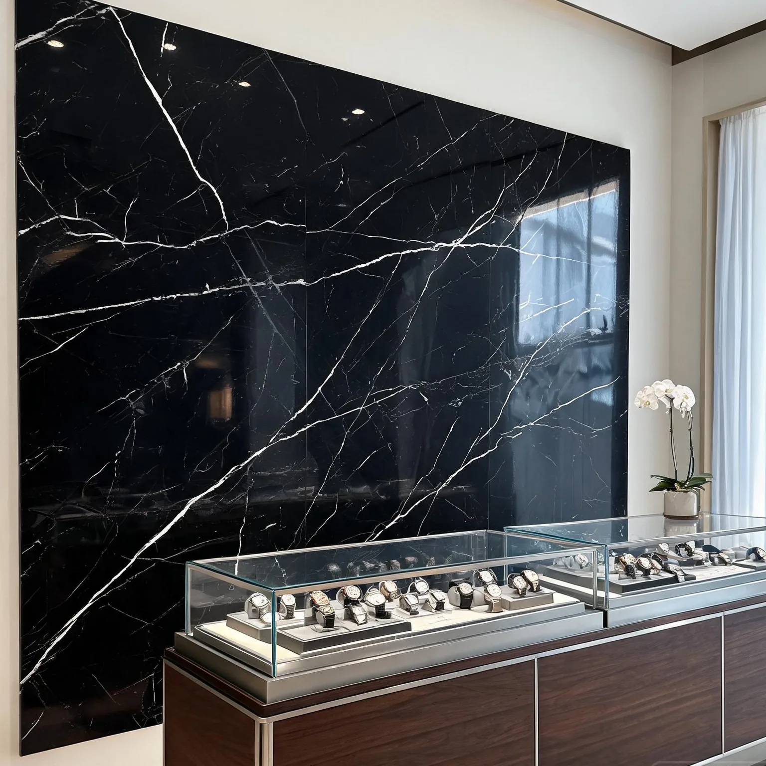 Full-Body Black Marquina Sintered Slab — Watch boutique