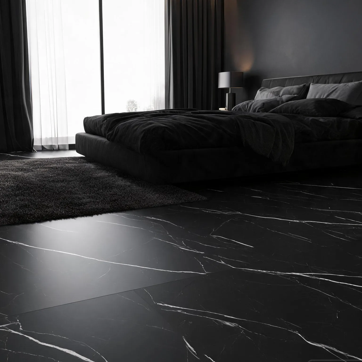 Full-Body Black Marquina Sintered Slab — Dark bedroom
