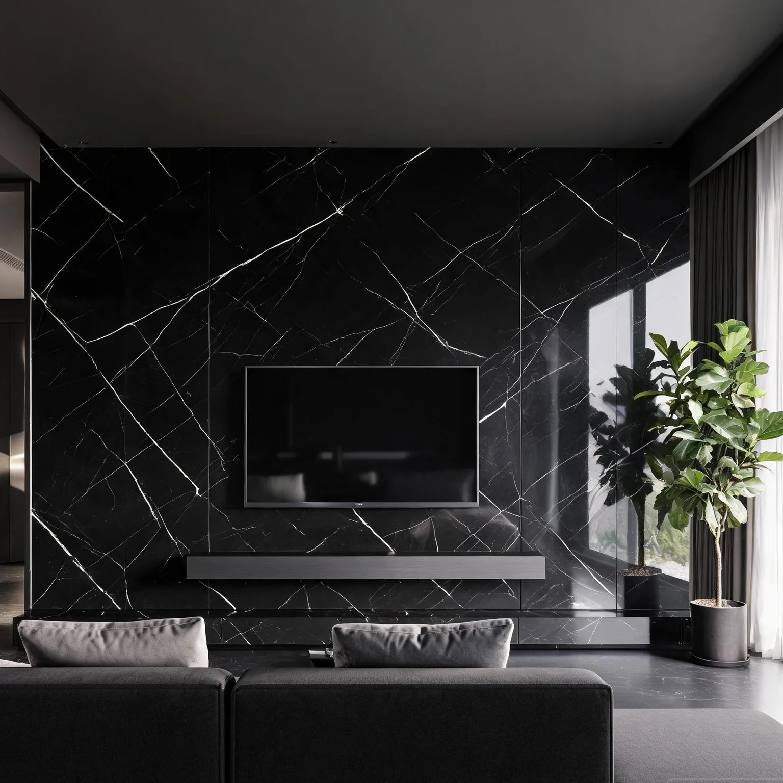 Full-Body Black Marquina Sintered Slab — TV feature wall