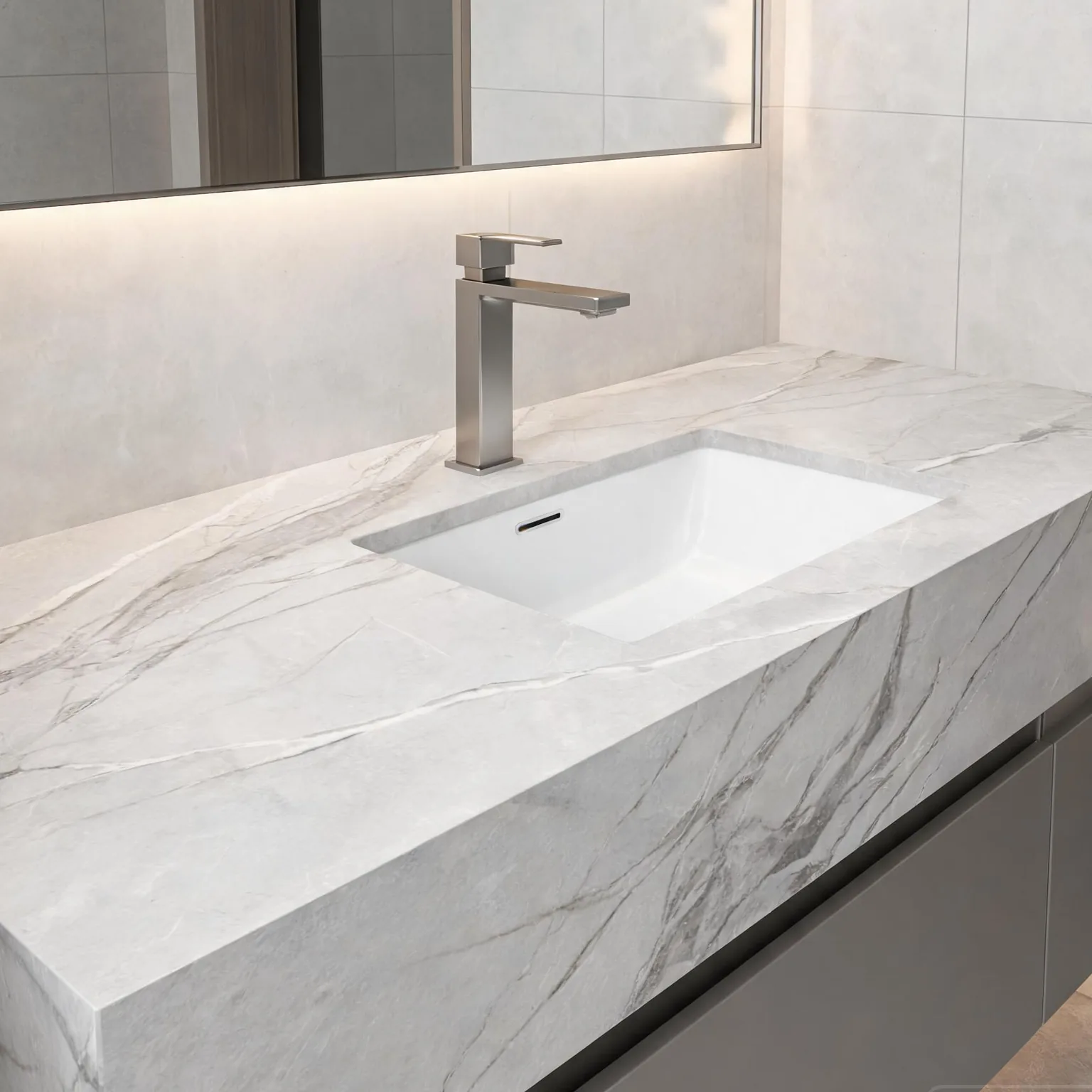 Sintered Stone Slab — modern bathroom vanity top in engineered stone with undermount basin