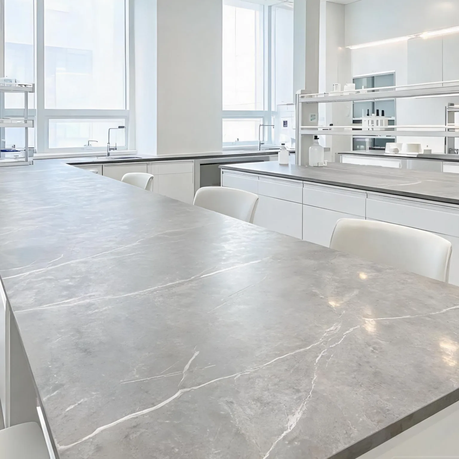 Sintered Stone Slab — laboratory and office workstation surfaces in clean white engineered stone