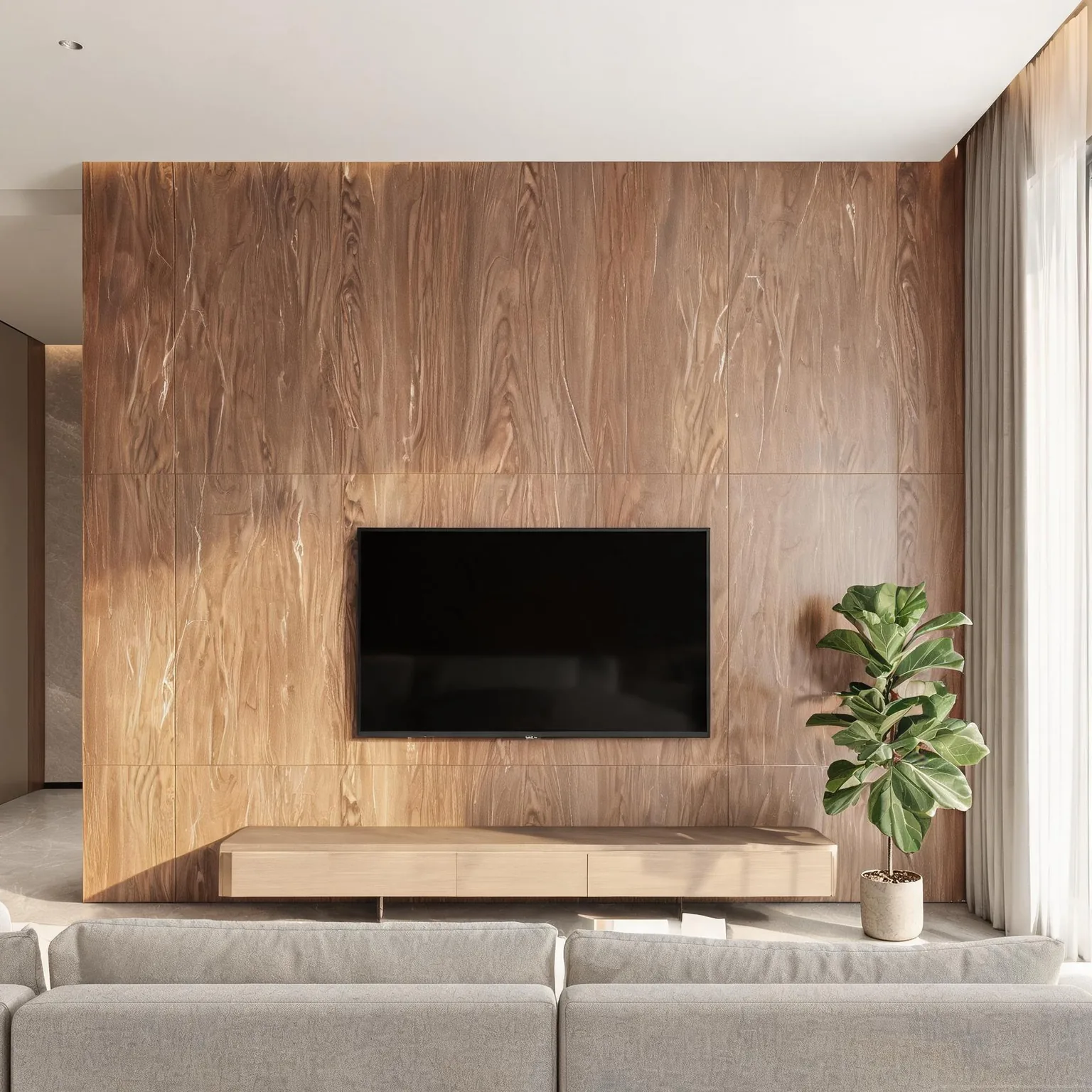 Warm Wood-Grain Sintered Slab — Walnut TV wall