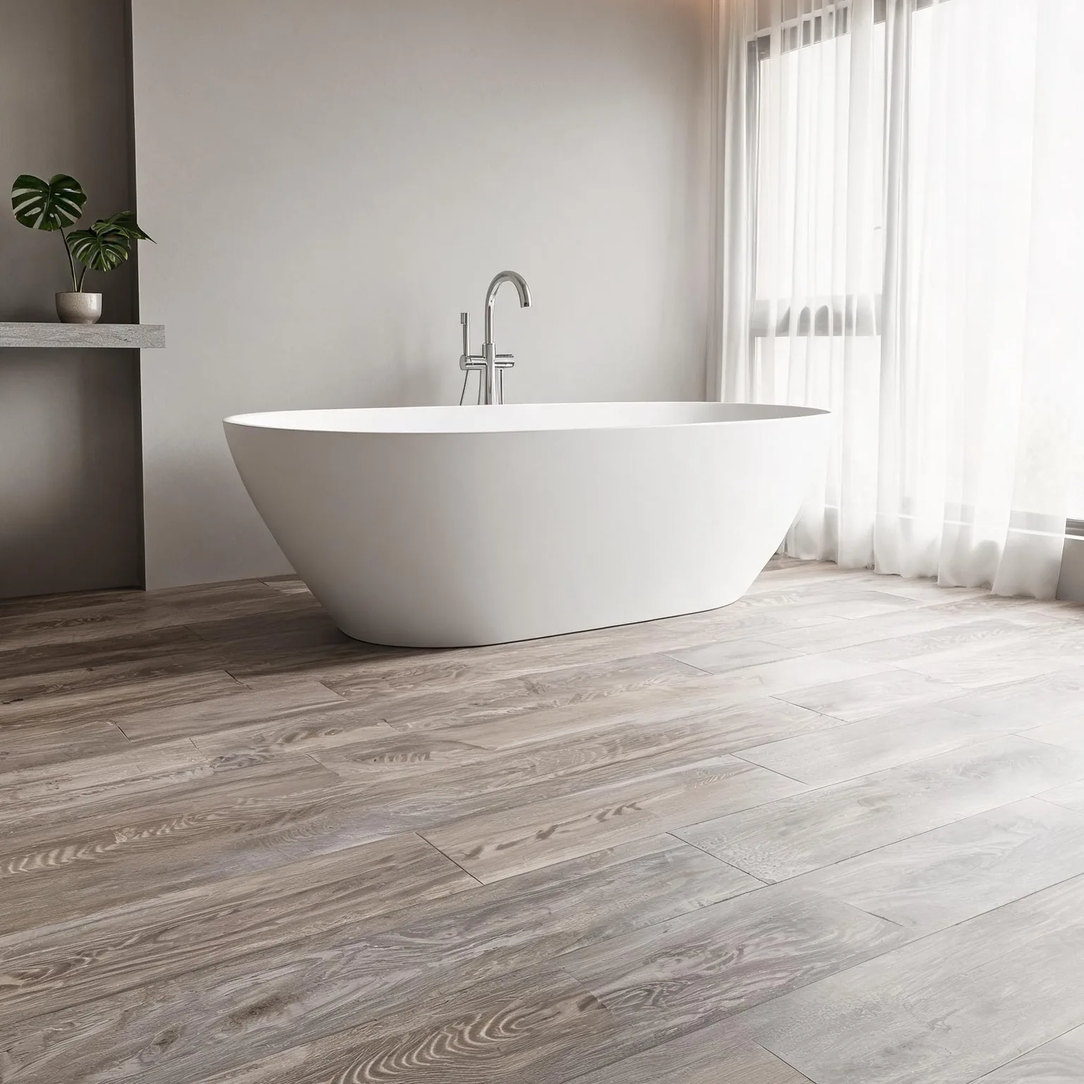 Warm Wood-Grain Sintered Slab — Oak-grey bathroom
