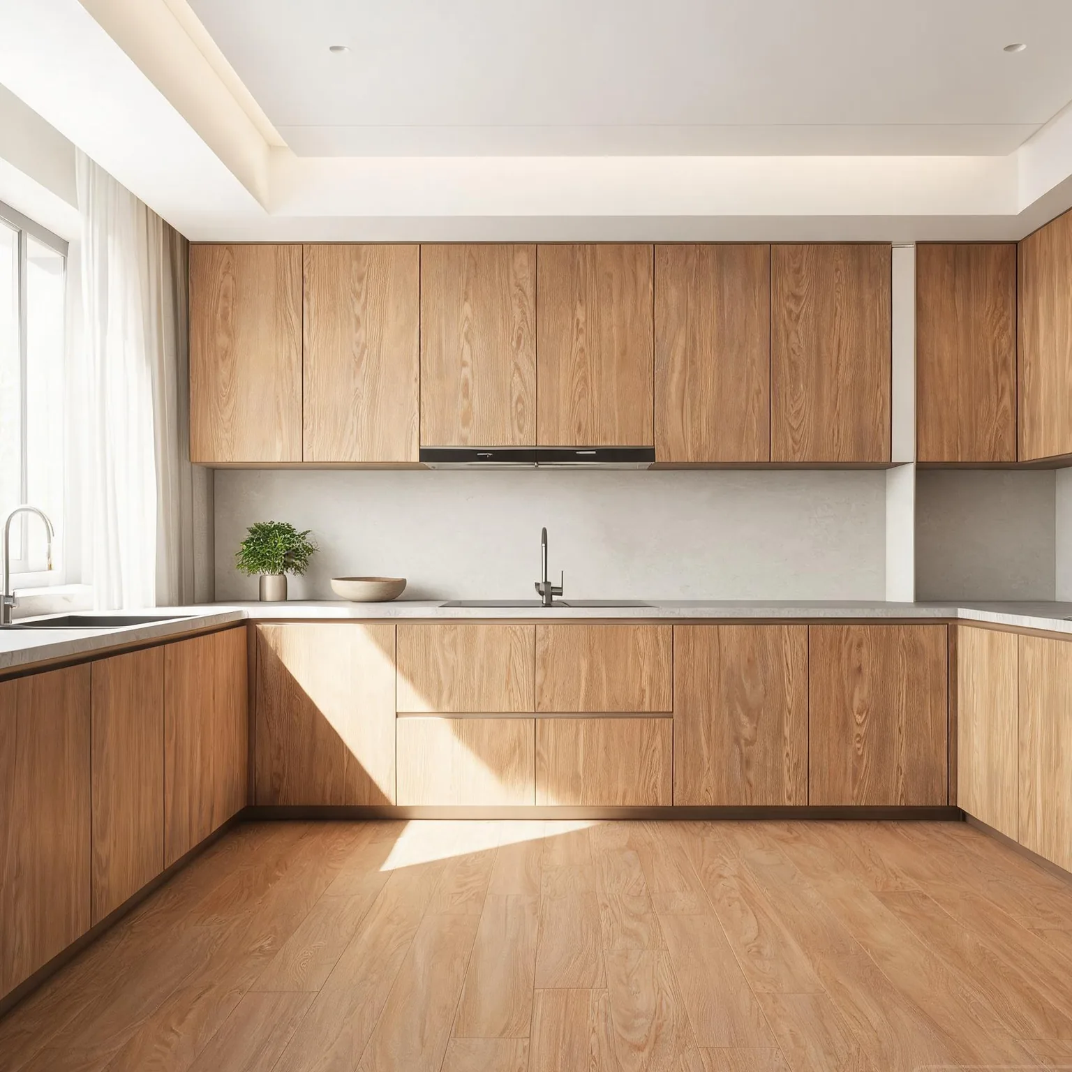 Warm Wood-Grain Sintered Slab — Open kitchen