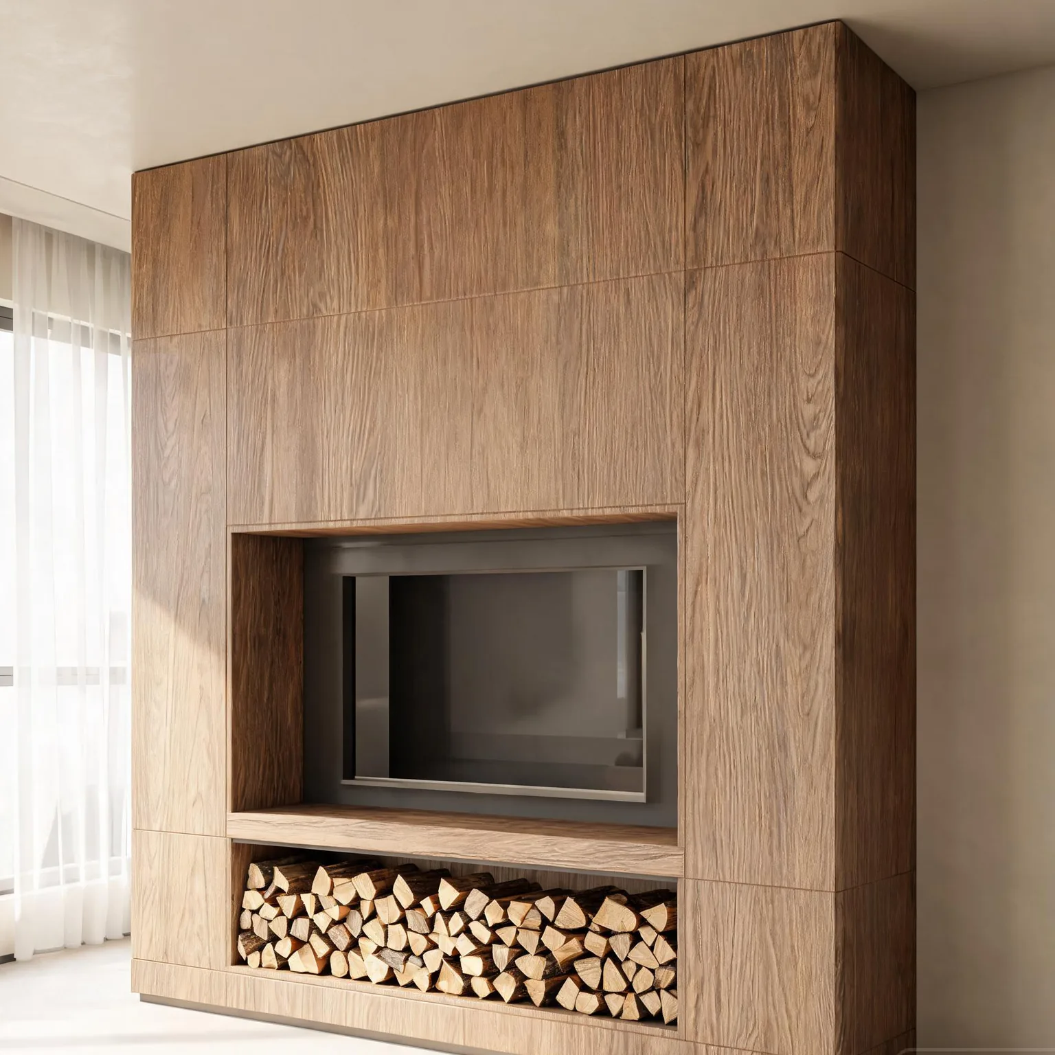 Warm Wood-Grain Sintered Slab — Fireplace cladding