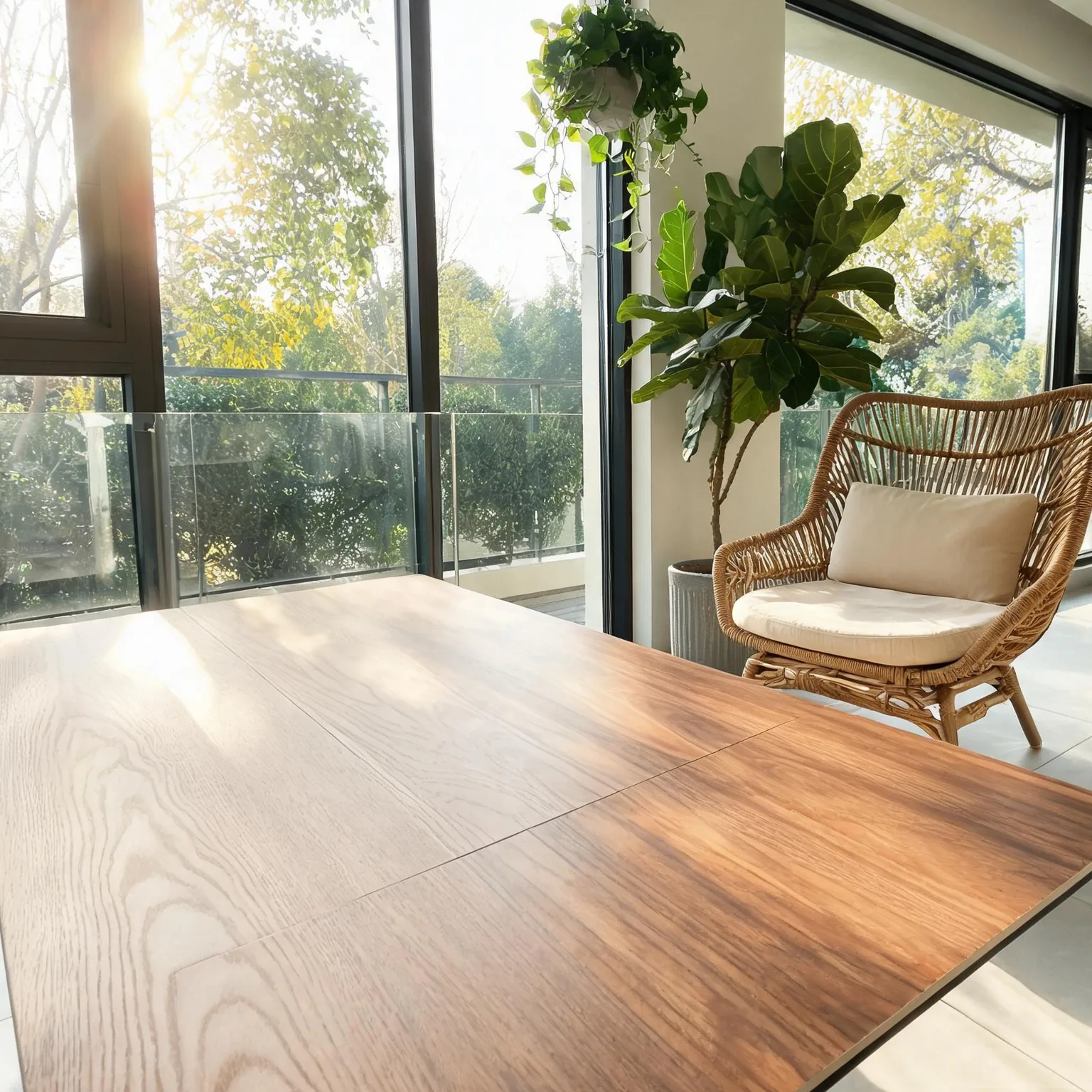 Warm Wood-Grain Sintered Slab — Balcony lounge