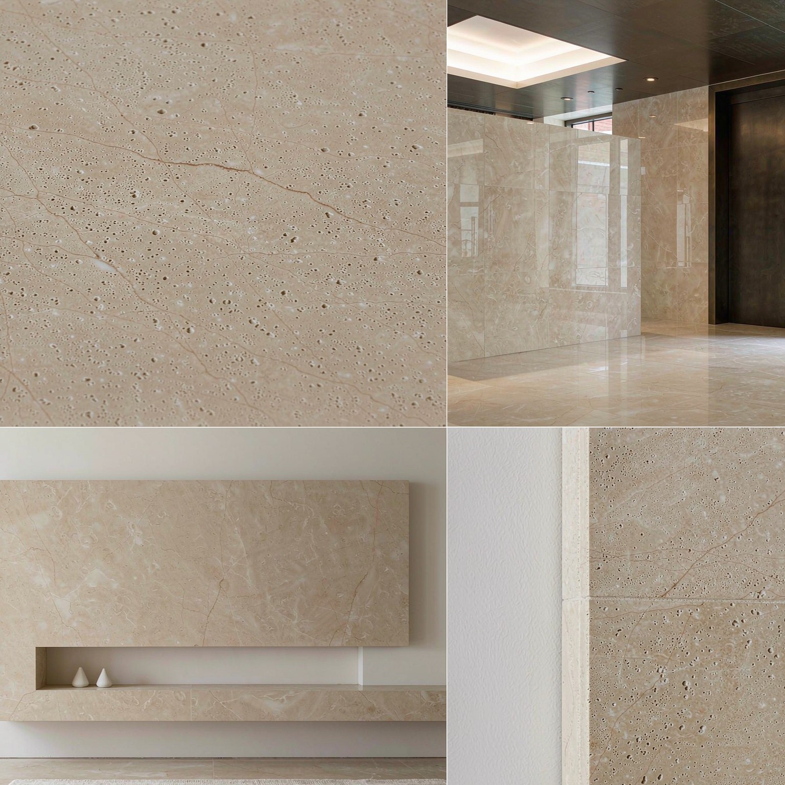 米黃洞石 — slab texture and application views