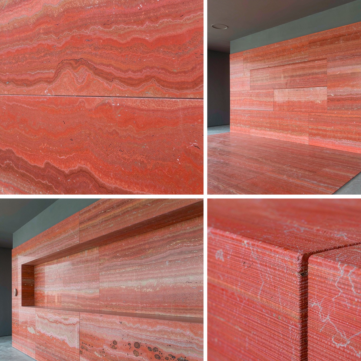 紅洞石 — slab texture and application views