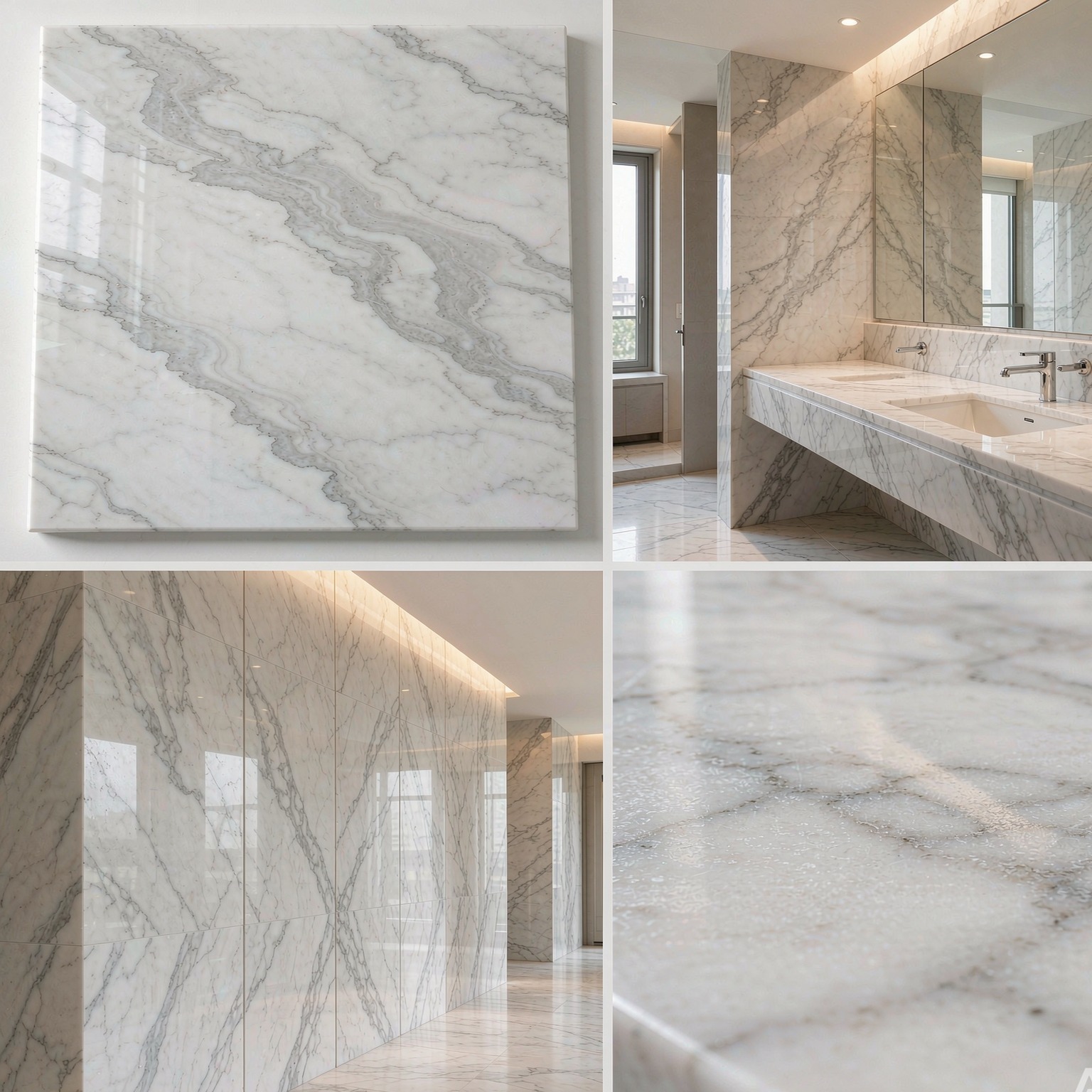 希臘雅士白 — slab texture and application views