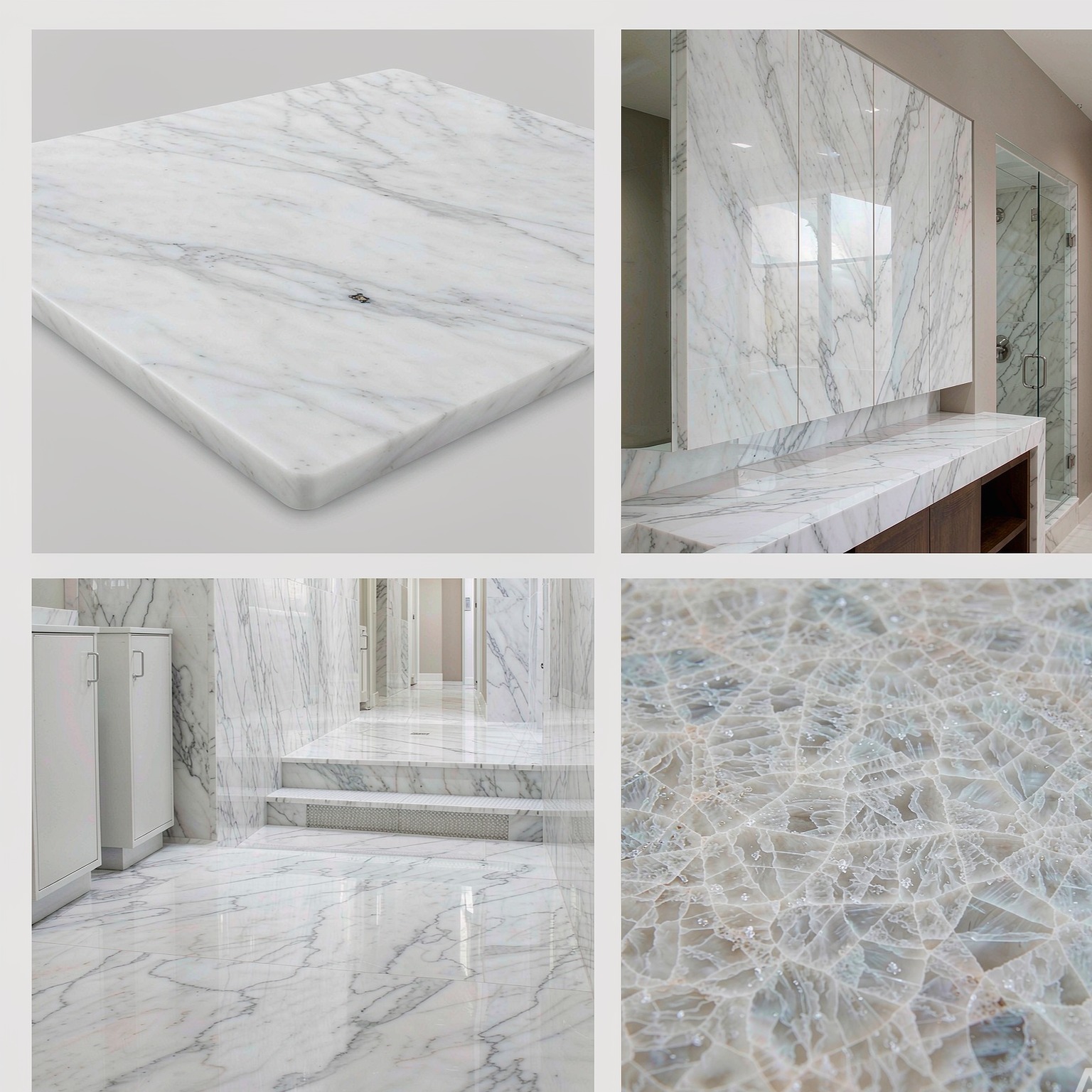 雪花白 — slab texture and application views
